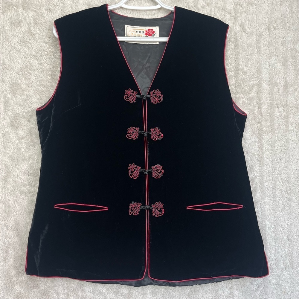 Peony Asian Black Velvet Vest Frog Toggle Buttons Side Slits Mandarin Collar